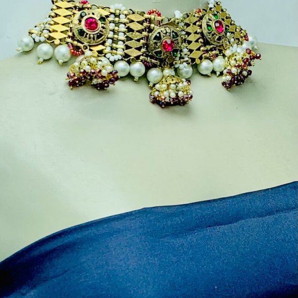 Golden Tone Metal Choker Necklace, Statement Collar Choker With Multicolor Beads - Picture 6 of 11